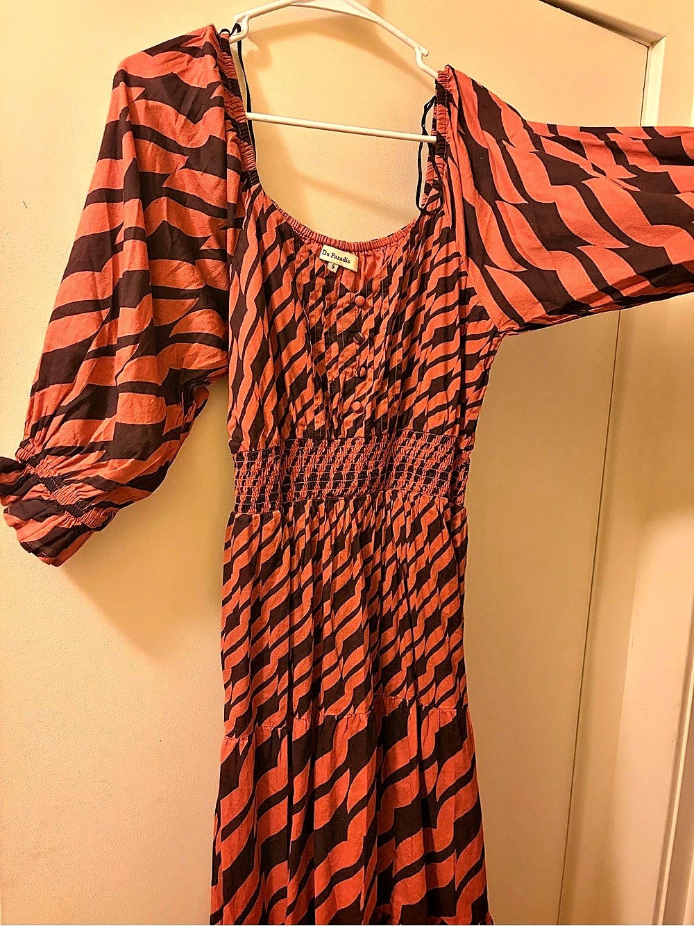 Du Paradis Leah Wave Stripe Cotton Midi Dress Orange & maroon Small